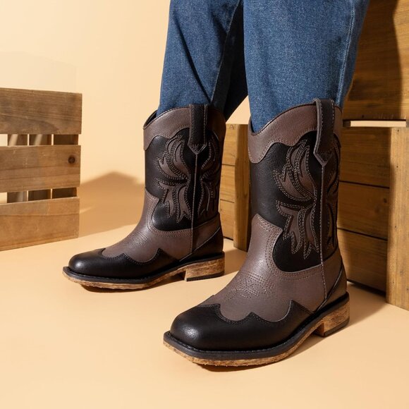 ⚡Girls Brown Black Square Toe Mid Calf Cowgirl Boot Western Fashion Riding Shoes - Picture 2 of 6